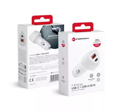 Forcell carbon autós töltötype-c 3.0 PD20W + USB QC3.0 18W 5A CC50-1A1C fehér (összesen 38W)